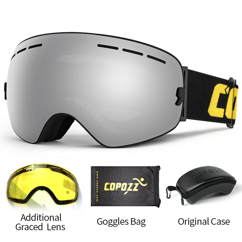 COPOZZ Ski Goggles with Case &amp; Yellow Lens UV400 Anti-fog Spherical Ski Glasses Skiing Men Women Snow Goggles + Lens + Box Set - KiwisLove