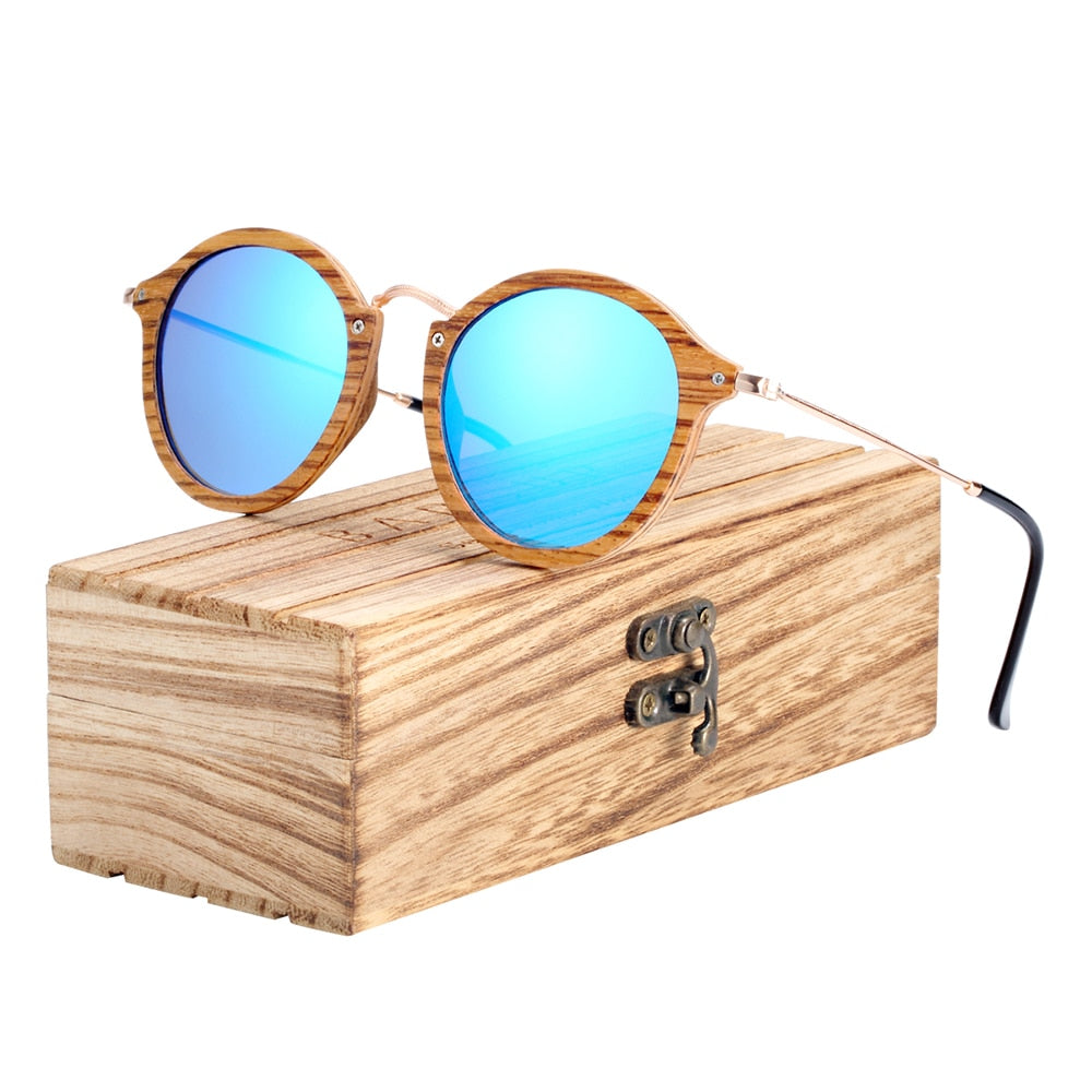 BARCUR Zebra Wood Sunglasses Handmade Round Sun Glasses Men Polarized Eyewear with Box Free - KiwisLove