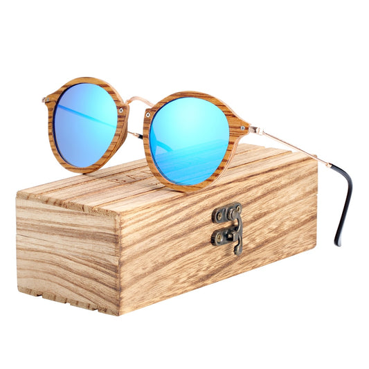BARCUR Zebra Wood Sunglasses Handmade Round Sun Glasses Men Polarized Eyewear with Box Free - KiwisLove