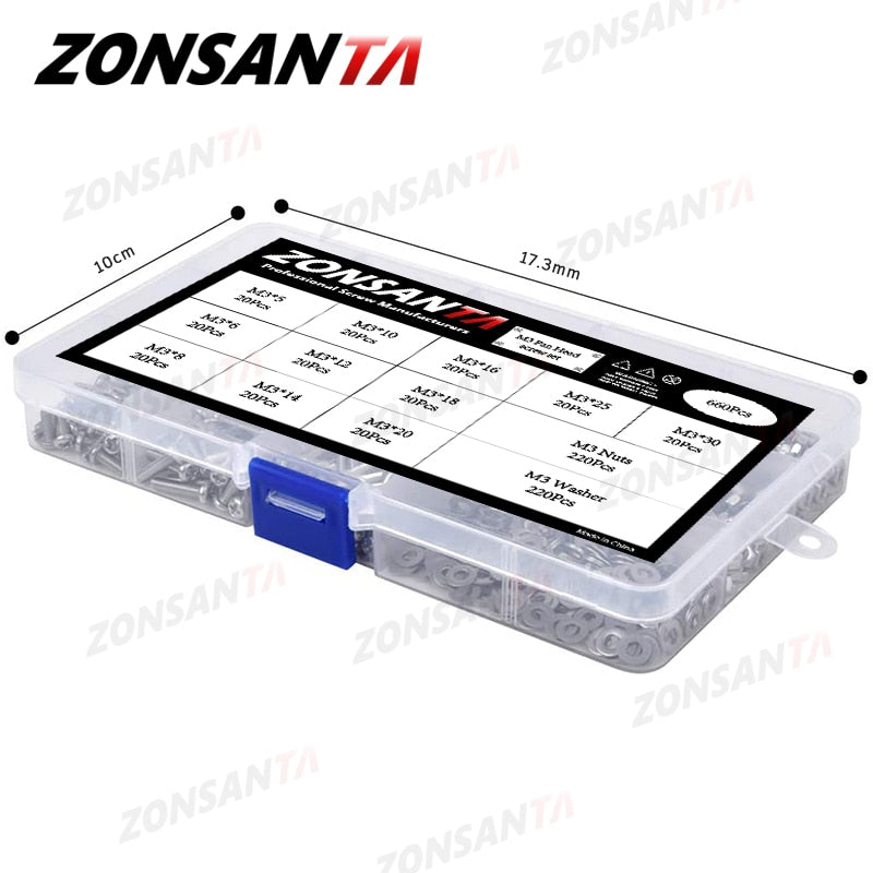 ZONSANTA 480/660pcs Cross Round Head Screw Set M2 M2.5 M3 M4 Nut Washer Stainless Steel Phillips Recessed Pan Head Machine Screw - KiwisLove