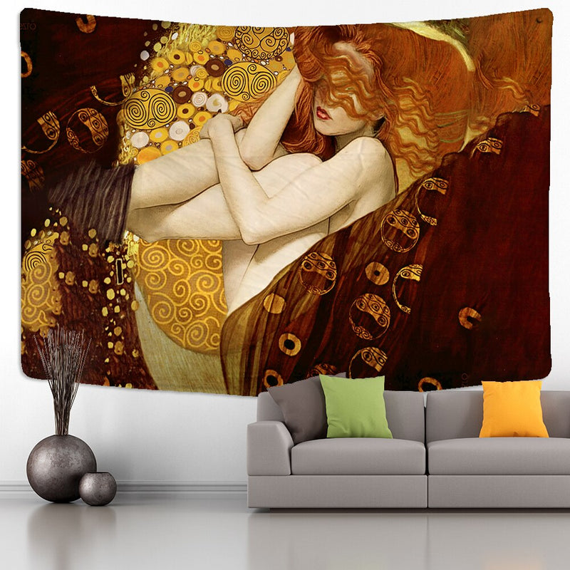 Gustav Klimt  Tapestry Wall Hanging Kiss Of Gold Abstract Art Decoration Polyester Blanket Yoga Mat Home Bedroom Art - KiwisLove