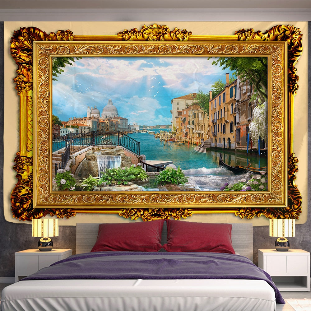 Fake Frame Tapestry Wall Hanging River Sky Clouds Bohemian Dorm Decor Yoga Mat Rug Architectural Attraction Venice - KiwisLove
