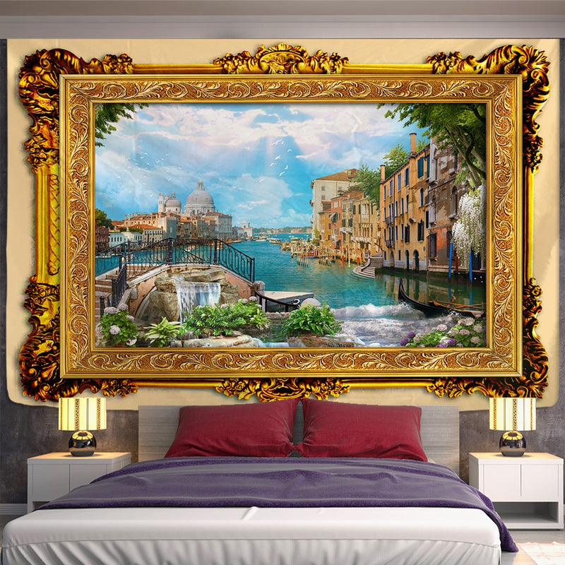 Fake Frame Tapestry Wall Hanging River Sky Clouds Bohemian Dorm Decor Yoga Mat Rug Architectural Attraction Venice - KiwisLove