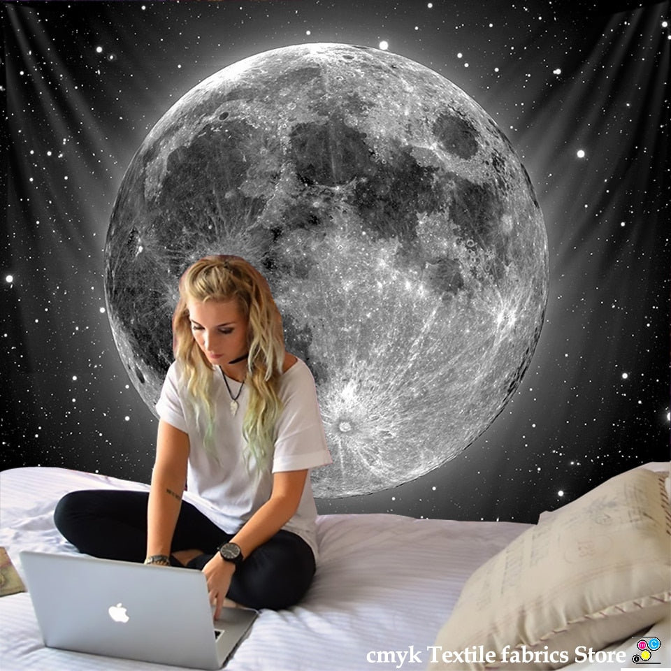 Black and White Moon Tapestry Starry Sky Printing Tapestry Wall Beach Blanket Picnic Yoga Mat Living Room Decor - KiwisLove