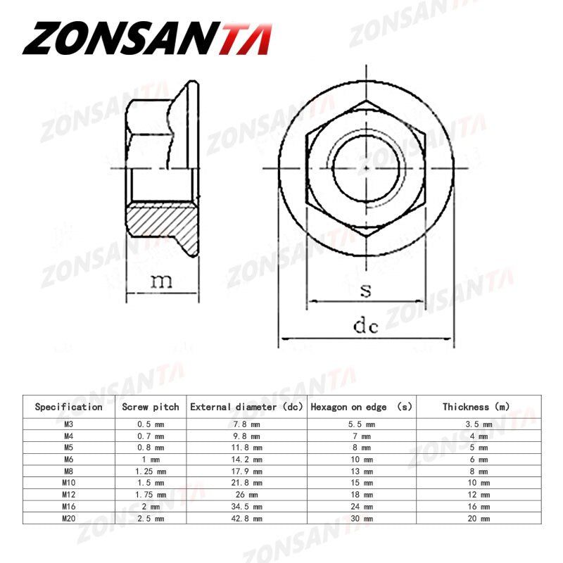 ZONSANTA Hexagon Flange Nut 304 Stainless Steel Hexagon M3 M4 M5 M6 M8 M10 M12 M16 M20 DIN6923 Pinking Slip Locking Lock Nuts - KiwisLove