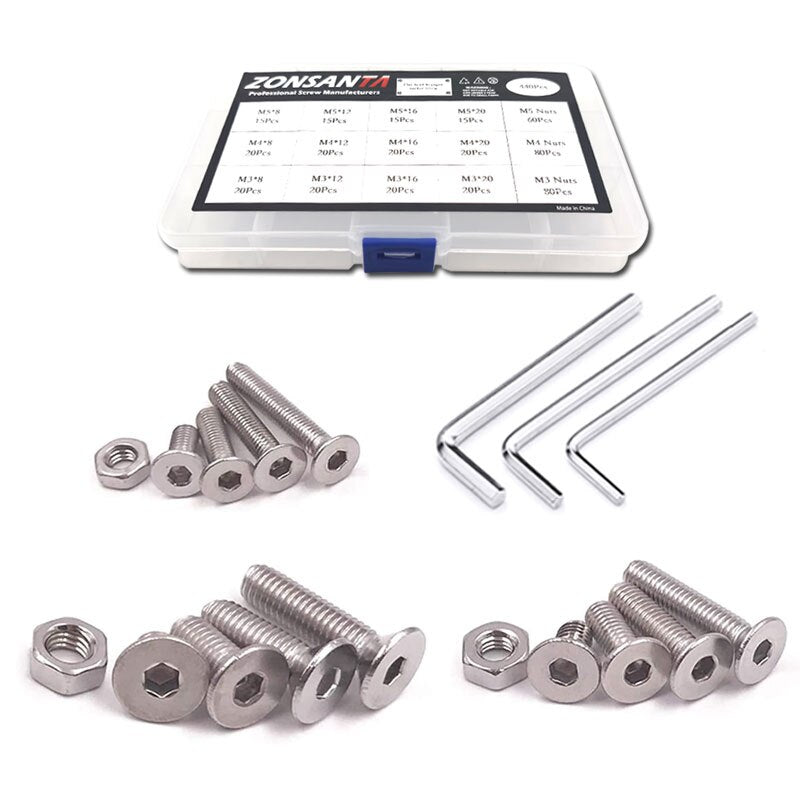 ZONSANTA 440Pcs M3 M4 M5 Bolt and Nuts Hex Hexagon Socket Screw Set Stainless Steel Round Flat Cap Head Screw Kit Allen bolt Set - KiwisLove