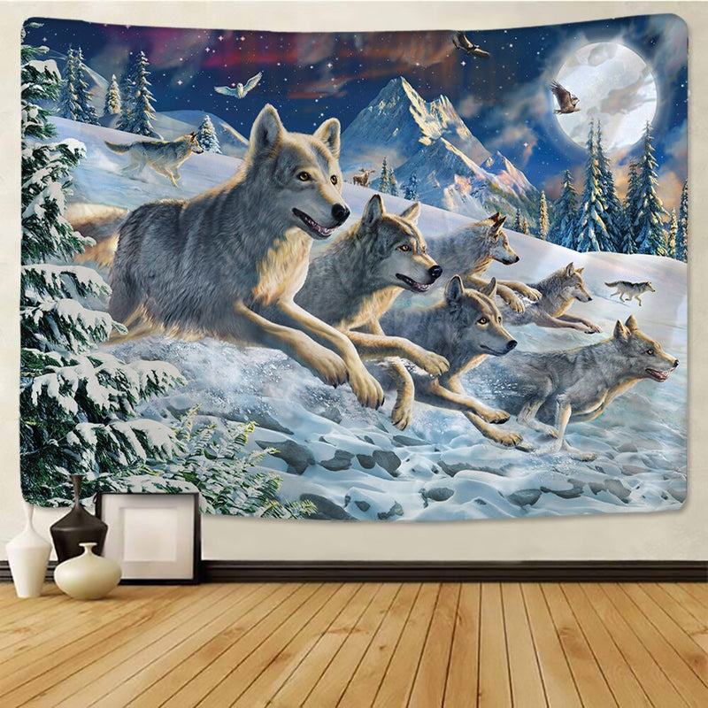 Running wolves Holy Animals Tapestry Decoration Wall Hanging Lion Wolf Tiger Pattern Background Wall Tapestry Home Textile - KiwisLove