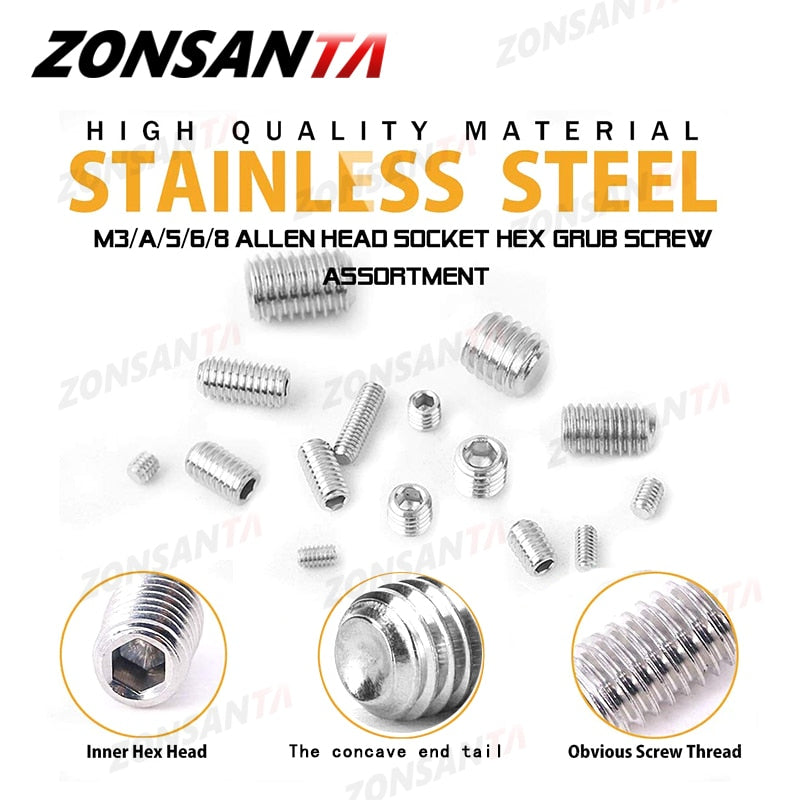 ZONSANTA 240 Pcs Grub Screw M3 M4 M5 M6 Set Screw Hex Socket Bolt Kits in Box A2 304 Stainless Steel Door handles Faucet Bolts - KiwisLove