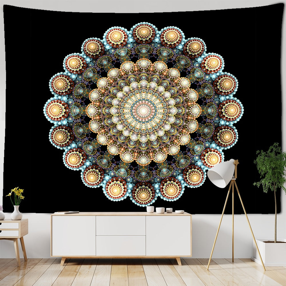 Mandala Pattern Tapestry Psychedelic Tai Chi Wall Hanging Dark Hippie Aesthetics Room Dormitory Living Home Decor - KiwisLove