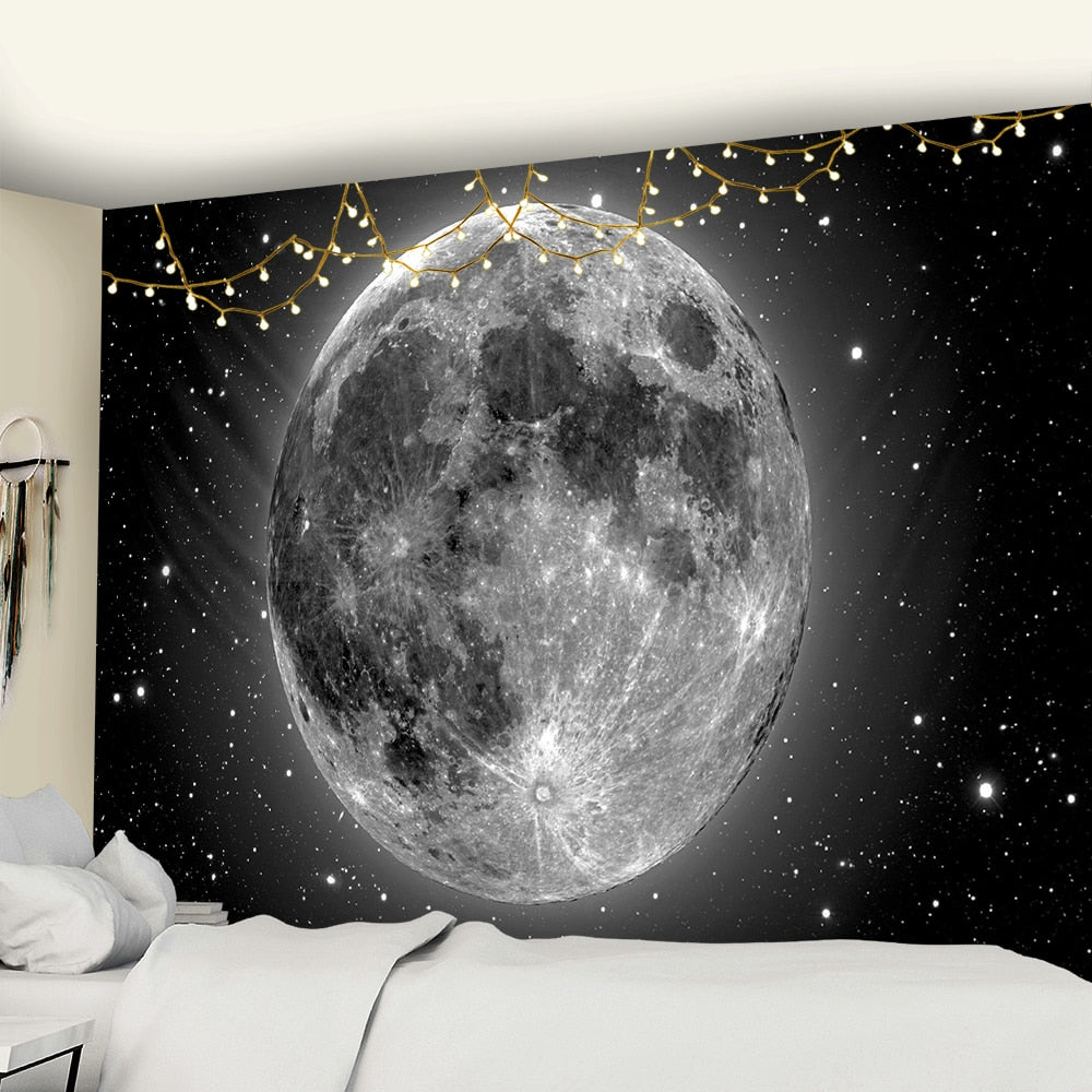 Black and White Moon Tapestry Starry Sky Printing Tapestry Wall Beach Blanket Picnic Yoga Mat Living Room Decor - KiwisLove
