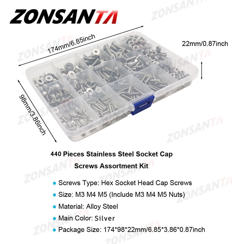 ZONSANTA 440pcs Hex Socket Flat Head Screws Bolts and Nuts Set M3 M4 M5 304 Stainless Steel  Mechanical Bolt Furniture Screws - KiwisLove