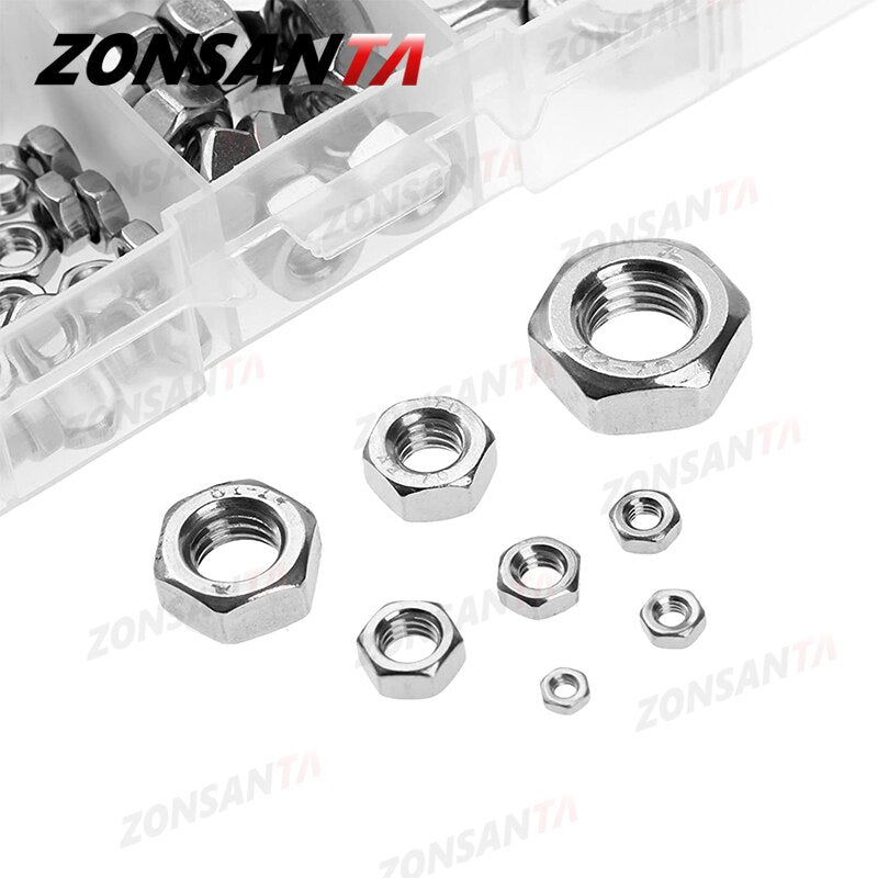 ZONSANTA Hexagon Nuts set M1 M1.2 M1.4 M1.6 M2 M2.5 M3 M3.5 M4 M5 M6 M8 M10 M12 M14 Stainless Steel Hex Nuts Assortment Kit - KiwisLove