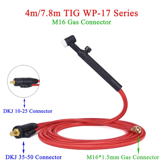 4M/13ft 7.8M/25.6ft WP17F 17FV TIG Welding Torch Soft Hose Cable Wires M16*1.5mm Gas Connector DKJ 10-25 35-50 Power Connector - KiwisLove