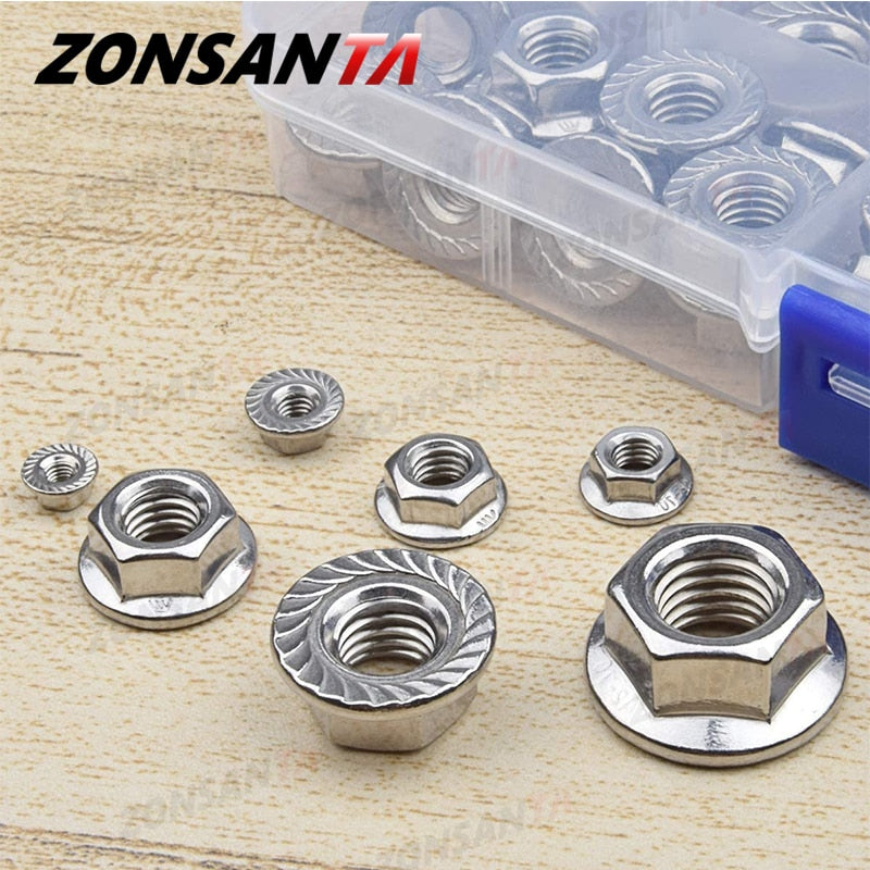 ZONSANTA160pcs Hexagon Flange Nuts M3 M4 M5 M6 M8 M10 M12 304 Stainless Steel Universal Locknuts Set Assortment Kit DIN6923 - KiwisLove