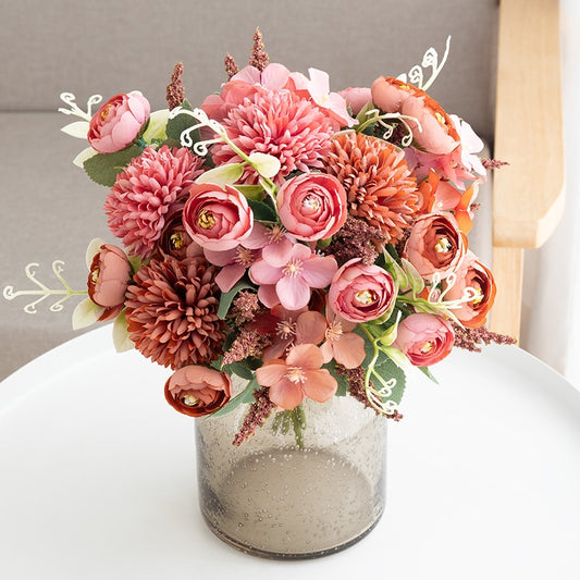 Retro Artificial Flowers Silk Rose Bouquet Hydrangea Peony Vintage Bride Holding Fake Flower Wedding Home Decoration Accessories - KiwisLove