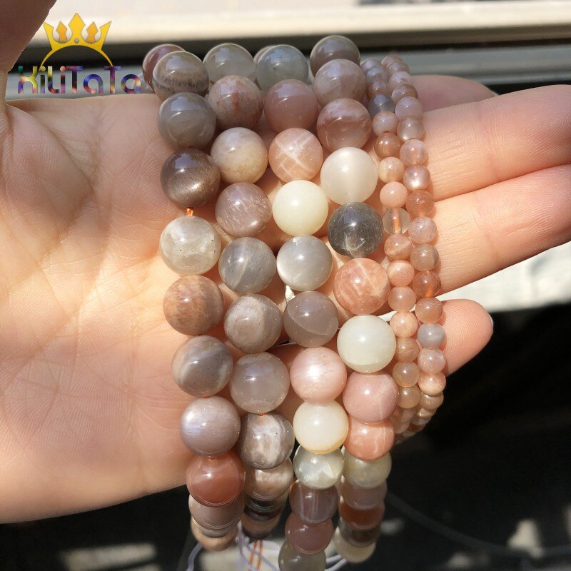 Natural Genuine Stone Beads Mix Moonstone Sunstone Round Loose Beads For DIY Jewelry Making Bracelet Accessories 15'' 4/6/8/10mm - KiwisLove