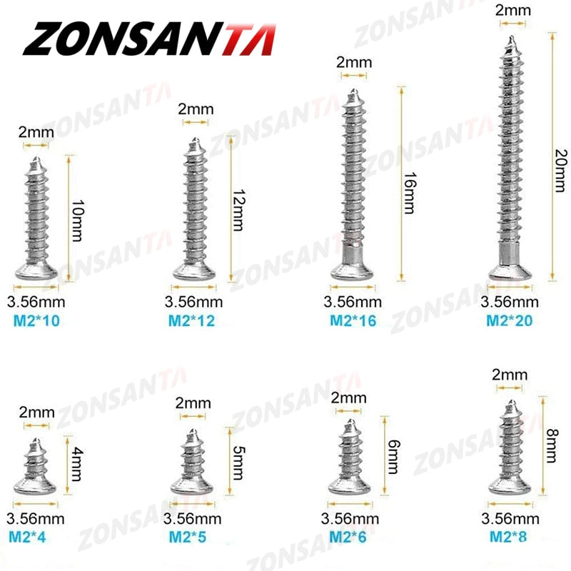 ZONSANTA 400Pcs M2 Cross Flat Head Self Tapping Screw Assortment Kit Wood Thread Nail Screw Sets DIY Countersunk Head Smal Scres - KiwisLove