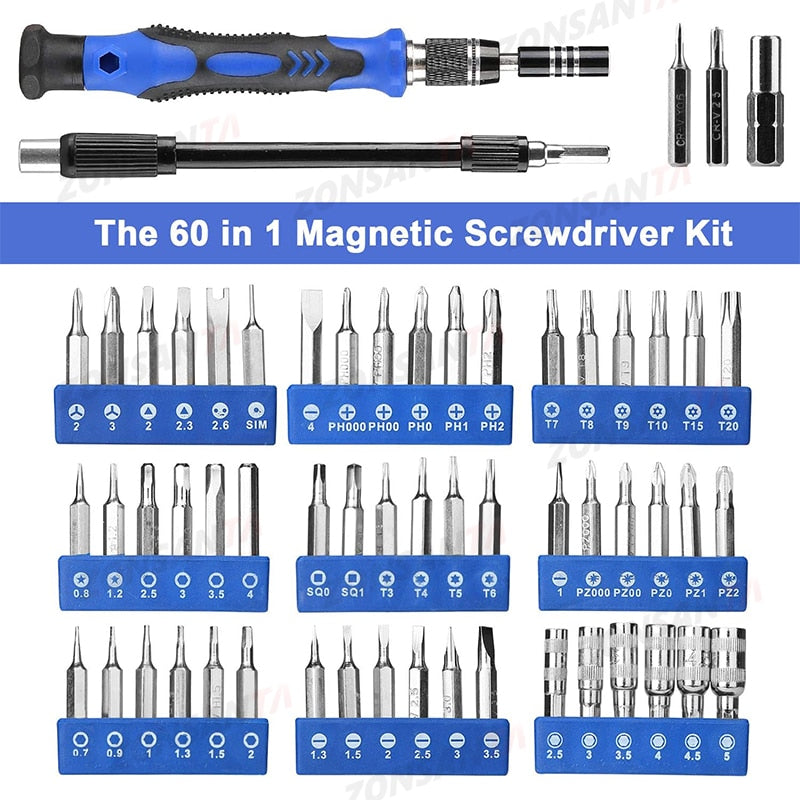ZONSANTA 60 in 1 Magnetic Screwdriver Set Precision Screw Driver Multi-function Precision Mobile Phone Repair Device PC Camera - KiwisLove