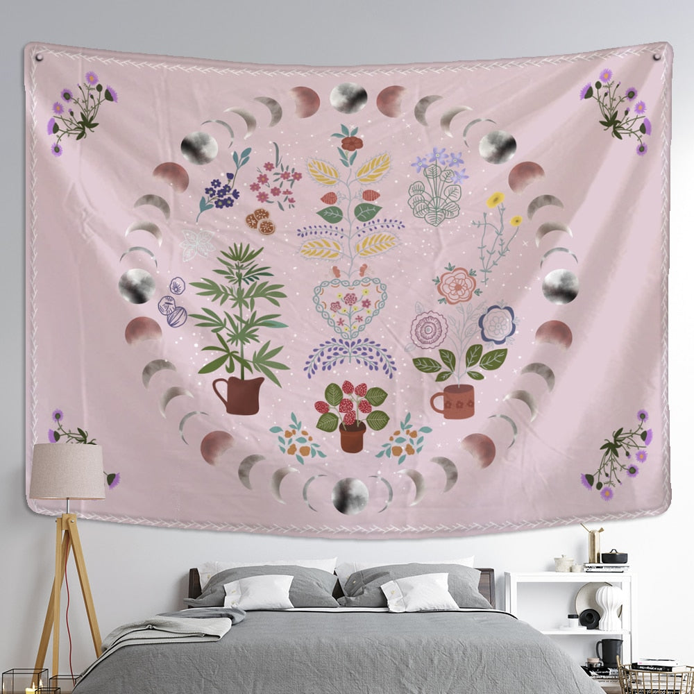 Moon Phase Tapestry Wall Hanging Plants Celestial Flowers Starry Sky Bohemian Witchcraft Hippie Home Decor - KiwisLove