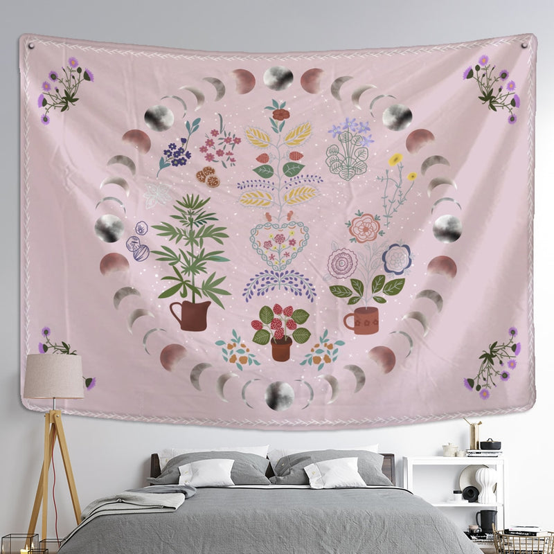 Moon Phase Tapestry Wall Hanging Plants Celestial Flowers Starry Sky Bohemian Witchcraft Hippie Home Decor - KiwisLove
