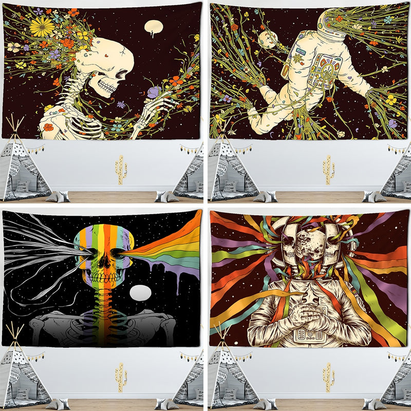 Nordic Style Skull Astronaut Tapestry Flowers Rainbow Moon Starry Sky Mandala Carpet Black Skull Witchcraft Wall Hanging Blanket - KiwisLove