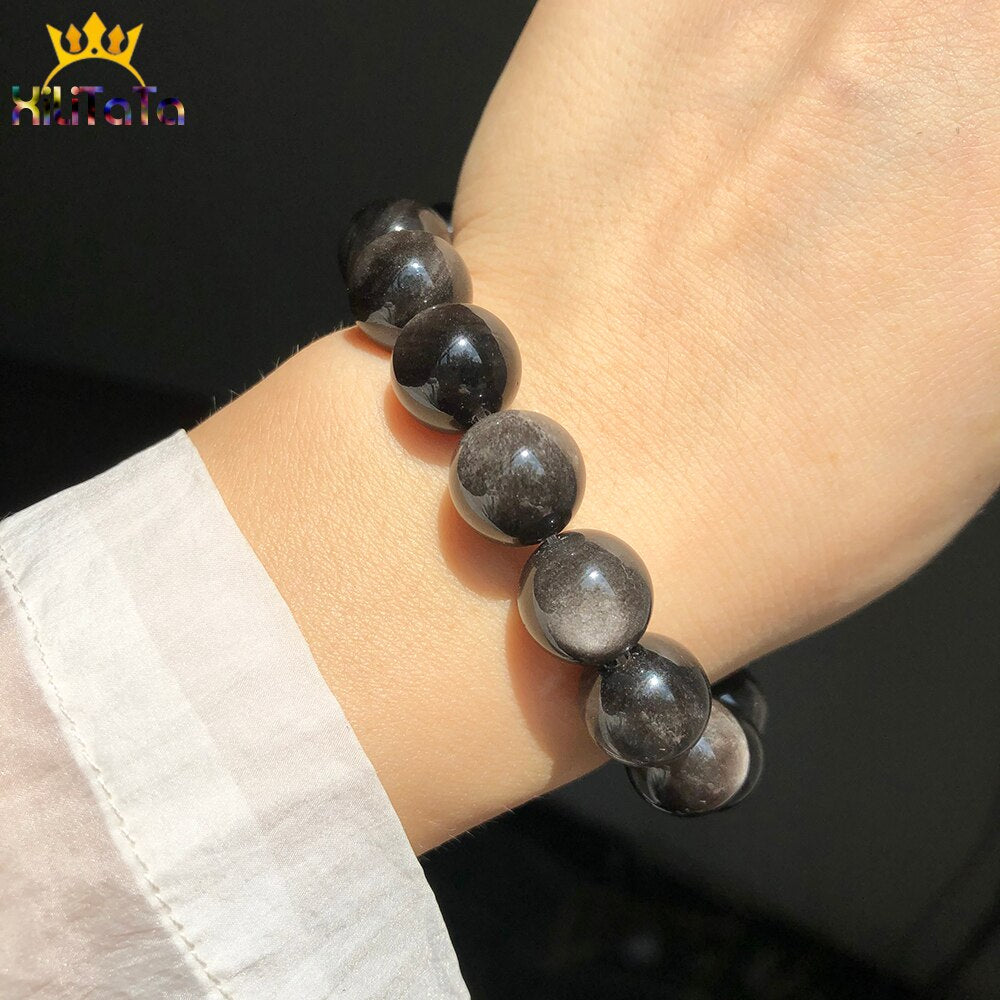 Natural Stone Silver Color Obsidian Round Loose Spacer Beads For DIY Jewelry Making Bracelets Accessories 15Inches 6 8 10 12mm - KiwisLove