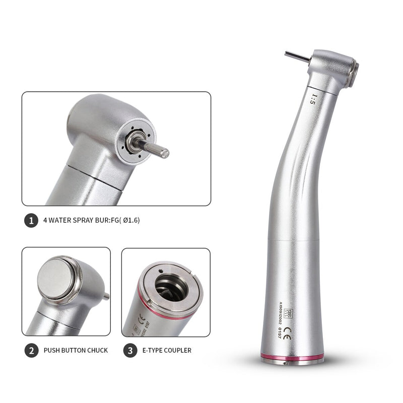 Dental 1:5 Increasing Contra Angle Push Button Low Speed Handpiece Internal Four Way Spray Compatible with E-type Motor - KiwisLove