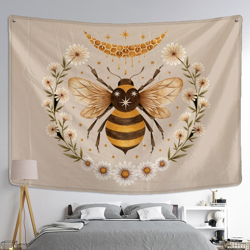 Bee Floral Tapestry Wall Hanging Daisy Bohemian Hippie Witchcraft Plant Bedroom Ins Style Dormitory Home Decor - KiwisLove