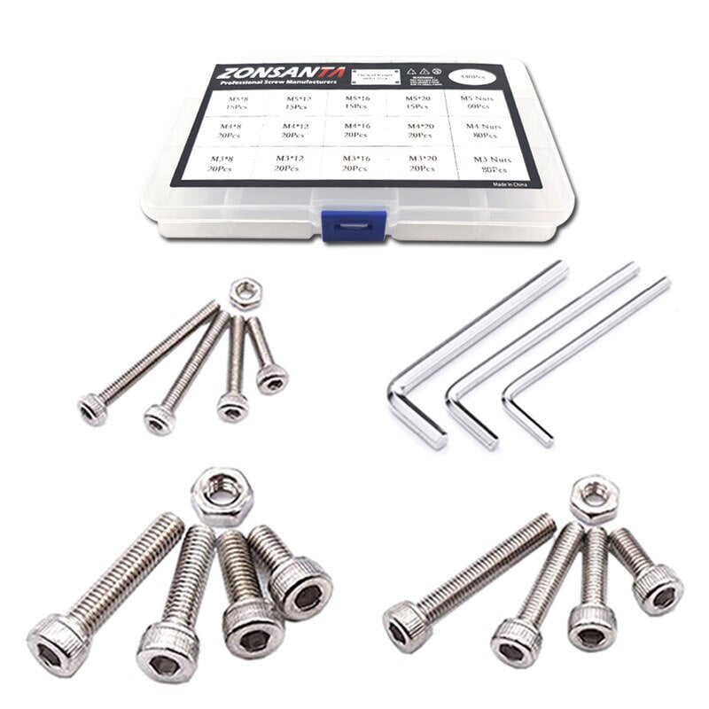 ZONSANTA 440Pcs M3 M4 M5 Bolt and Nuts Hex Hexagon Socket Screw Set Stainless Steel Round Flat Cap Head Screw Kit Allen bolt Set - KiwisLove