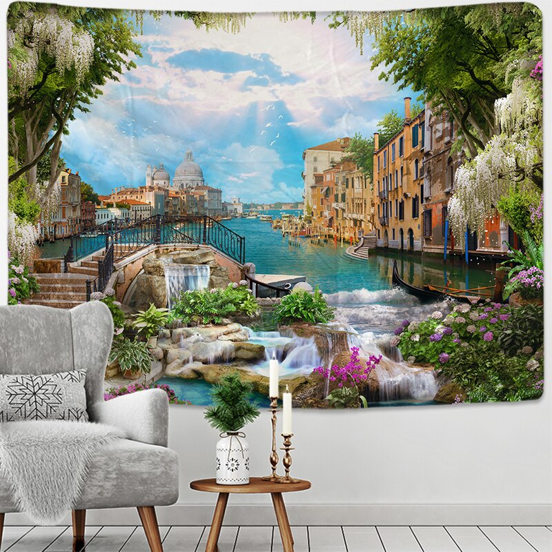 Fake Frame Tapestry Wall Hanging River Sky Clouds Bohemian Dorm Decor Yoga Mat Rug Architectural Attraction Venice - KiwisLove