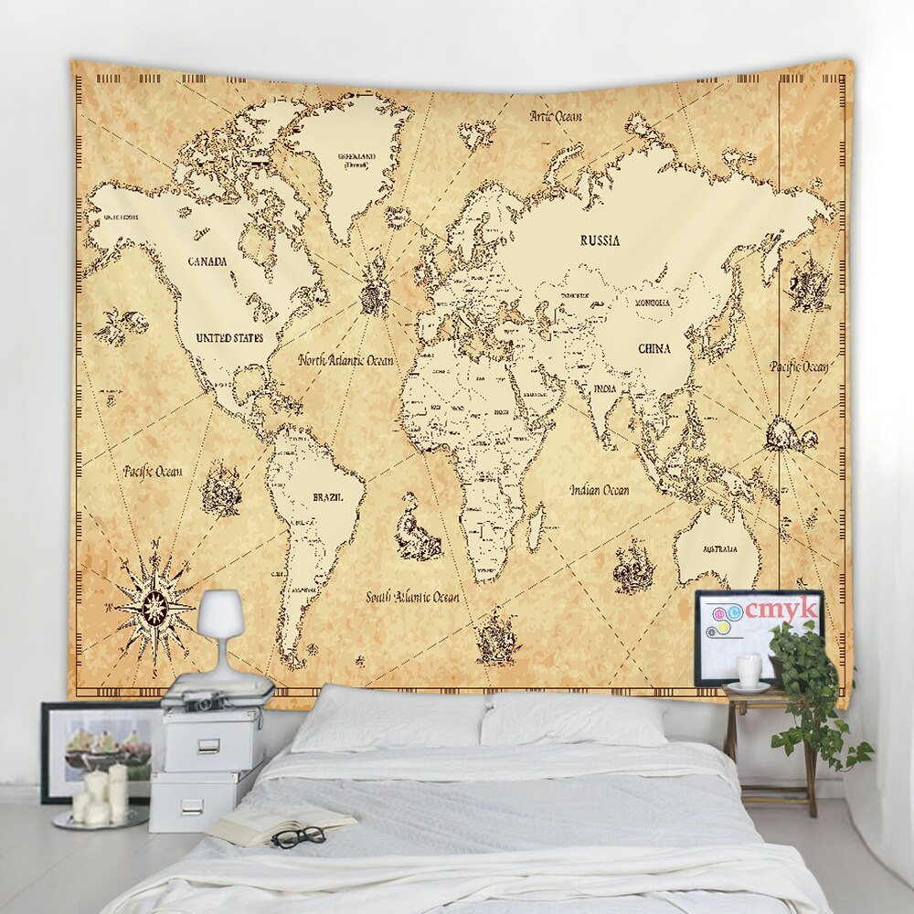 Retro World Map Wall Hanging Tapestry Sleeping Pad Wall Tapestry Art Round Towel Beach Blanket Decor - KiwisLove