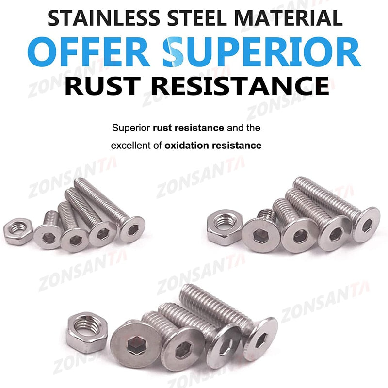 ZONSANTA 440Pcs M3 M4 M5 Bolt and Nuts Hex Hexagon Socket Screw Set Stainless Steel Round Flat Cap Head Screw Kit Allen bolt Set - KiwisLove