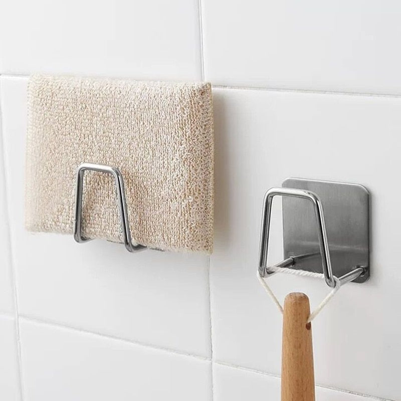 Kitchen Stainless Steel Sink Sponges Holder Self Adhesive Drain Drying Rack Kitchen Wall Hooks Accessories Storage Organizer - KiwisLove