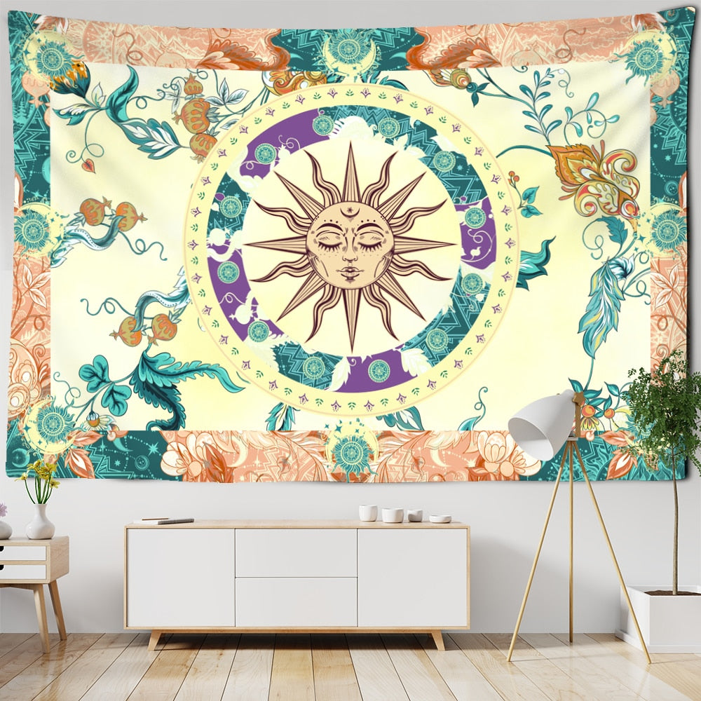 Burning Sun Tapestry Wall Hanging Flower Vine Retro Mysterious Hippie Bohemian Witchcraft Home Decor - KiwisLove