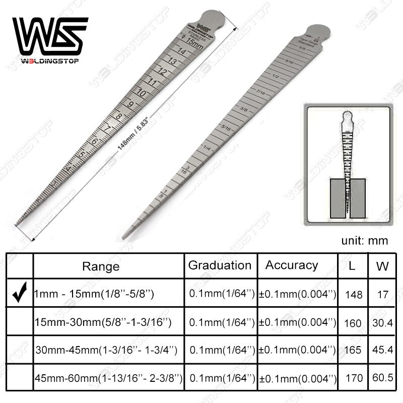 WS Genuine S/S 1-15mm Taper Gauge Feeler Gap Hole slot width gap hole size welding ruler measuring tool - KiwisLove