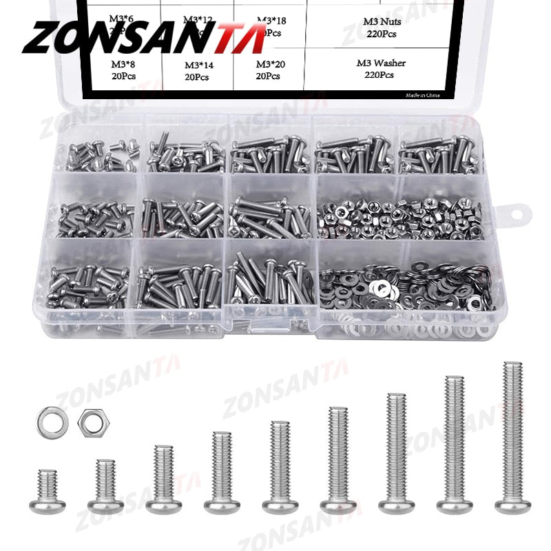 ZONSANTA 480/660pcs Cross Round Head Screw Set M2 M2.5 M3 M4 Nut Washer Stainless Steel Phillips Recessed Pan Head Machine Screw - KiwisLove