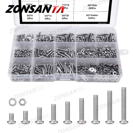 ZONSANTA 480/660pcs Cross Round Head Screw Set M2 M2.5 M3 M4 Nut Washer Stainless Steel Phillips Recessed Pan Head Machine Screw - KiwisLove