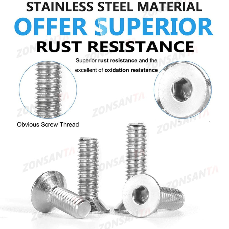 ZONSANTA 440pcs Hex Socket Flat Head Screws Bolts and Nuts Set M3 M4 M5 304 Stainless Steel  Mechanical Bolt Furniture Screws - KiwisLove