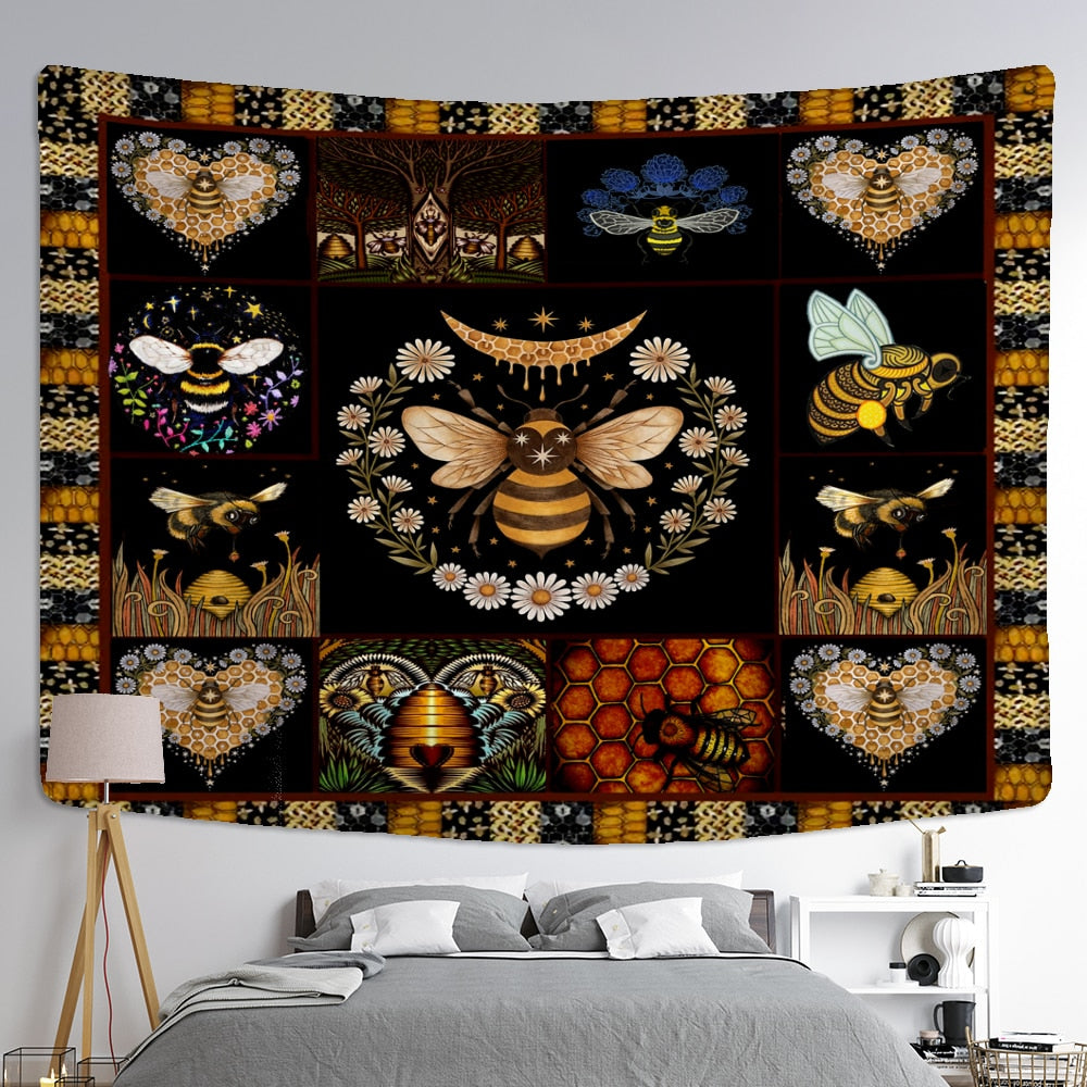 Bee Floral Tapestry Wall Hanging Daisy Bohemian Hippie Witchcraft Plant Bedroom Ins Style Dormitory Home Decor - KiwisLove