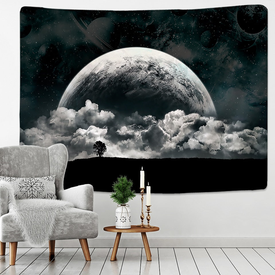 Black and White Moon Tapestry Starry Sky Printing Tapestry Wall Beach Blanket Picnic Yoga Mat Living Room Decor - KiwisLove