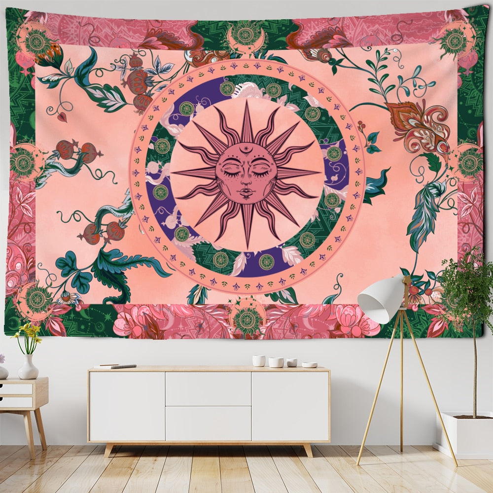 Burning Sun Tapestry Wall Hanging Flower Vine Retro Mysterious Hippie Bohemian Witchcraft Home Decor - KiwisLove