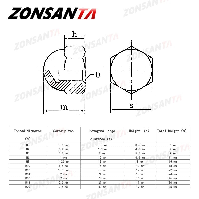 ZONSANTA Acorn Nuts M3 M4 M5 M6 M8 M10 M12 M14 M16 304 Stainless Steel Decorative Cap Blind Nuts Caps Covers Hex Dome Acorn Nut - KiwisLove