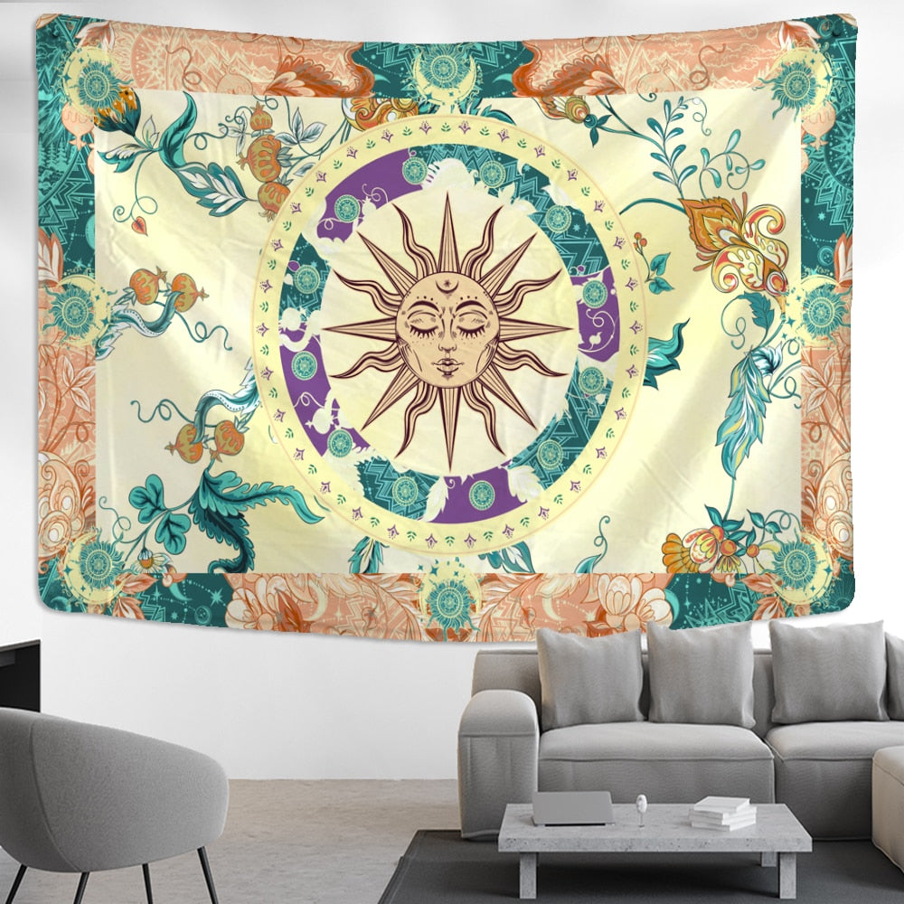 Burning Sun Tapestry Wall Hanging Flower Vine Retro Mysterious Hippie Bohemian Witchcraft Home Decor - KiwisLove