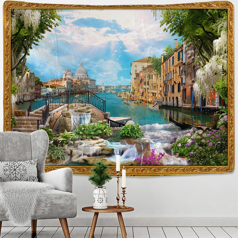 Fake Frame Tapestry Wall Hanging River Sky Clouds Bohemian Dorm Decor Yoga Mat Rug Architectural Attraction Venice - KiwisLove