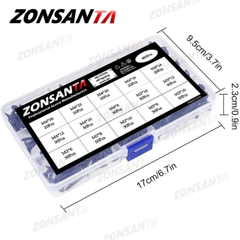 ZONSANTA 460pcs Black Countersunk Flat Head Self Tapping Screws Set M2 M3 M4 Carbon Steel Cross Wood Screw Assortment Kit - KiwisLove