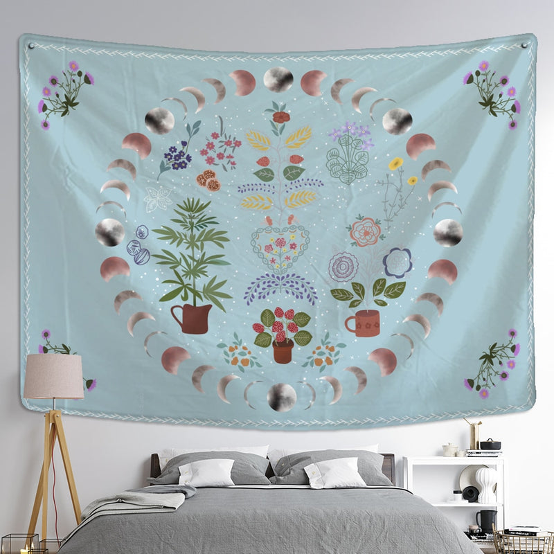 Moon Phase Tapestry Wall Hanging Plants Celestial Flowers Starry Sky Bohemian Witchcraft Hippie Home Decor - KiwisLove