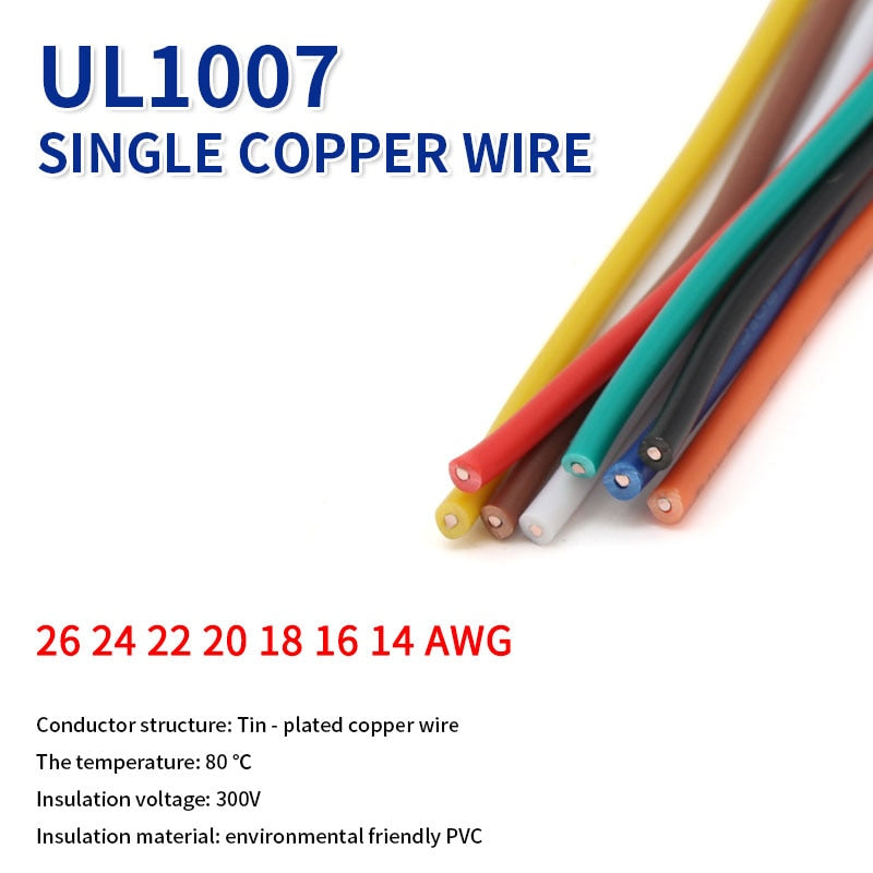 10M UL1007 PVC Tinned Copper Single Core Wire Cable Line 14/16/18/20/22/24/26 AWG White/Black/Red/Yellow/Green/Blue/Brown/Orange - KiwisLove