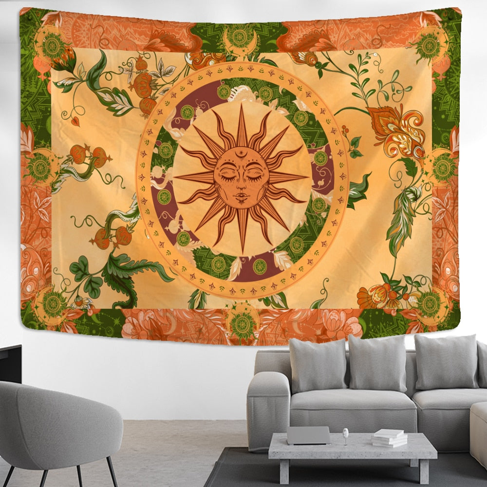 Burning Sun Tapestry Wall Hanging Flower Vine Retro Mysterious Hippie Bohemian Witchcraft Home Decor - KiwisLove