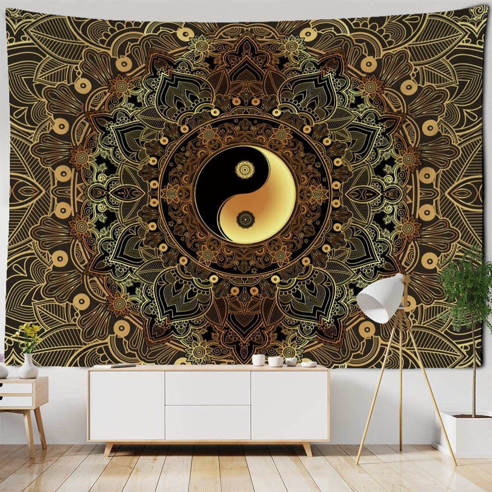 Mandala Pattern Tapestry Psychedelic Tai Chi Wall Hanging Dark Hippie Aesthetics Room Dormitory Living Home Decor - KiwisLove