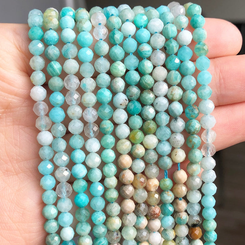 4mm Natural Gem Stone Faceted Blue Amazonite Loose Spacer Beads for Jewelry DIY Making Bracelet Earrings Accessories 15&#39;&#39;Inches